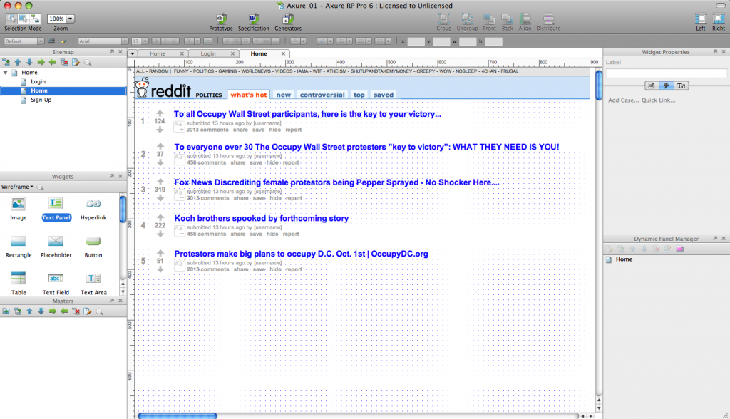 Laying out reddit.com in Axure.