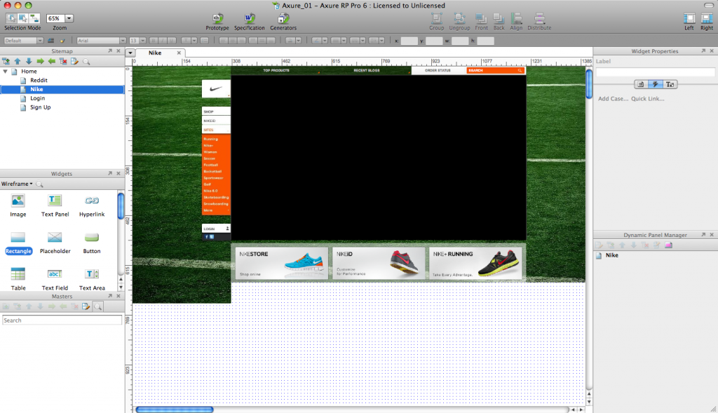 Laying out nike.com in Axure.